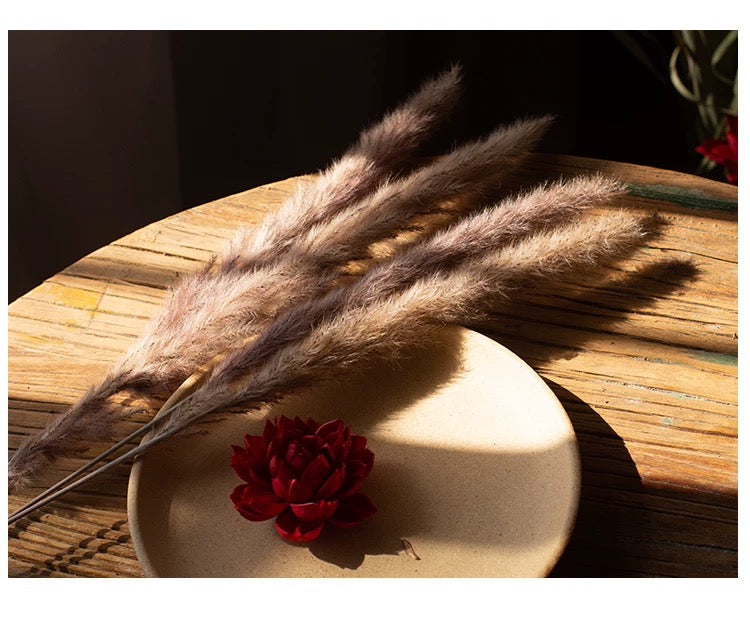 Dried pampas grass on a wooden surface with a red flower