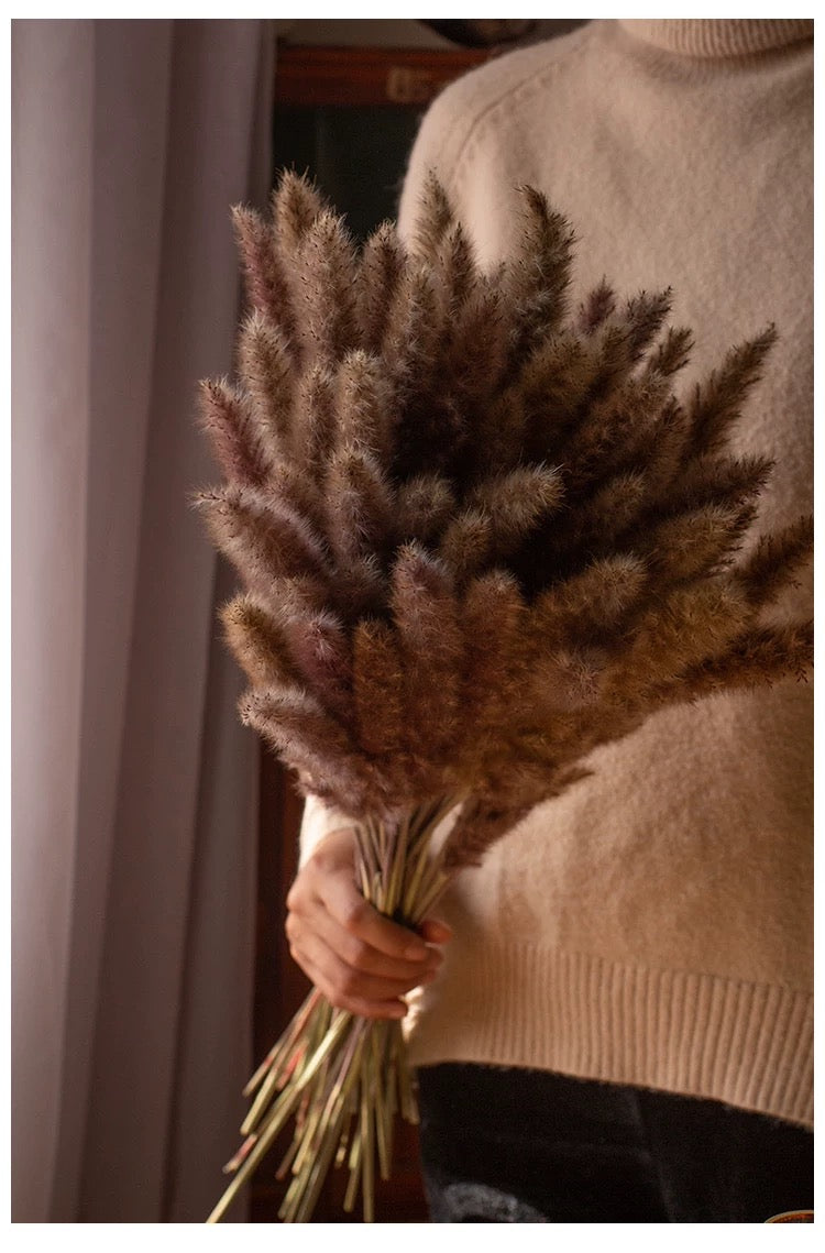 Person holding a bundle of dried grasses against a neutral background