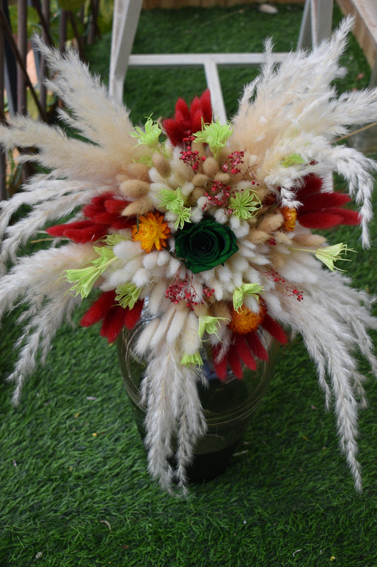 Decorative dried flowers bouquet Kenya with pampas grass, bunny tails, dried baby's breath, everlastings, and green star anise in a vase all from kenyan lady fleur-KLF