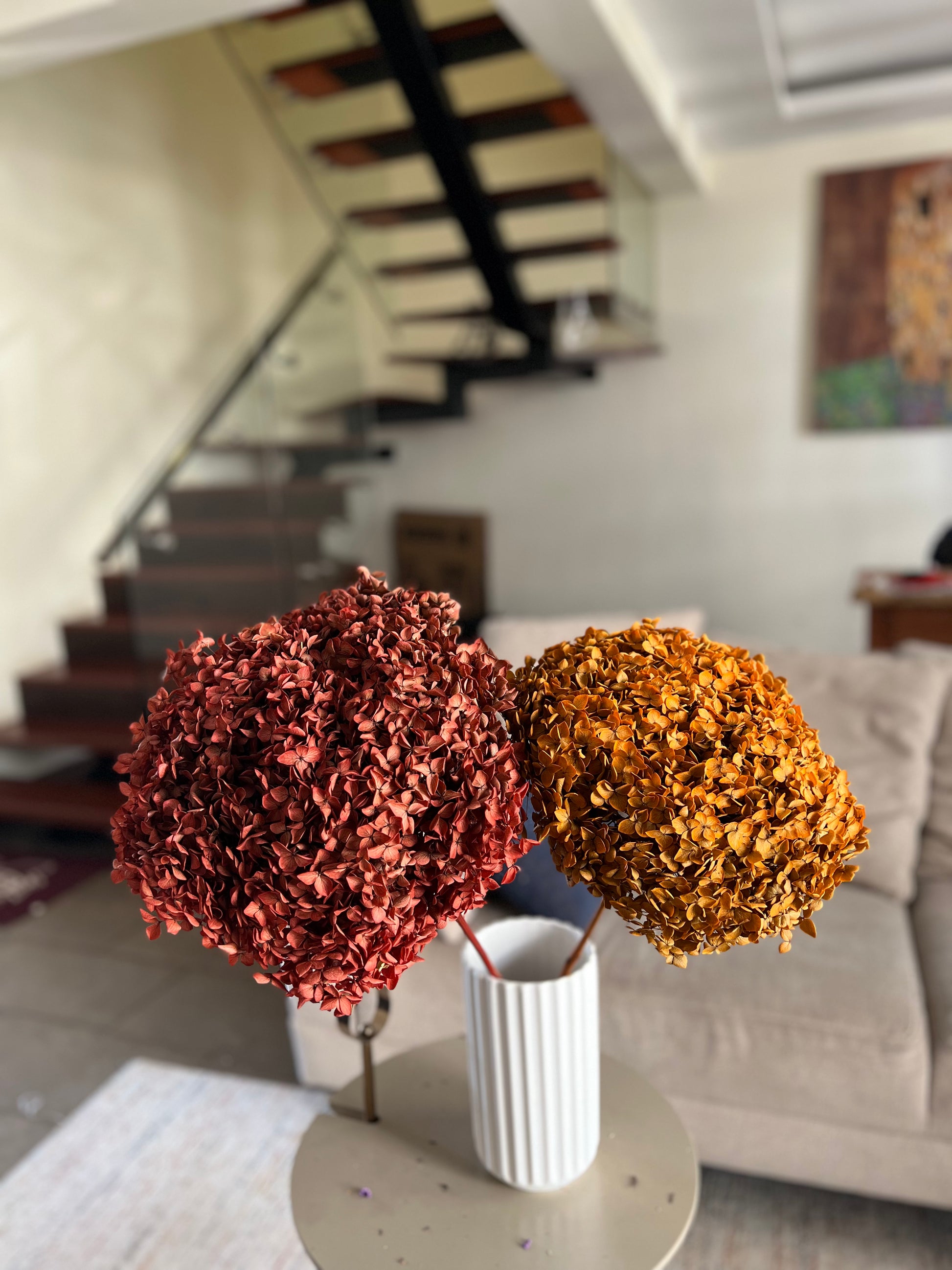 Two dried decorative flower spheres in rust red and golden orange from kenyan lady fleur dried flowers kenya, displayed in a white ribbed vase on a round side table in a living room setting.