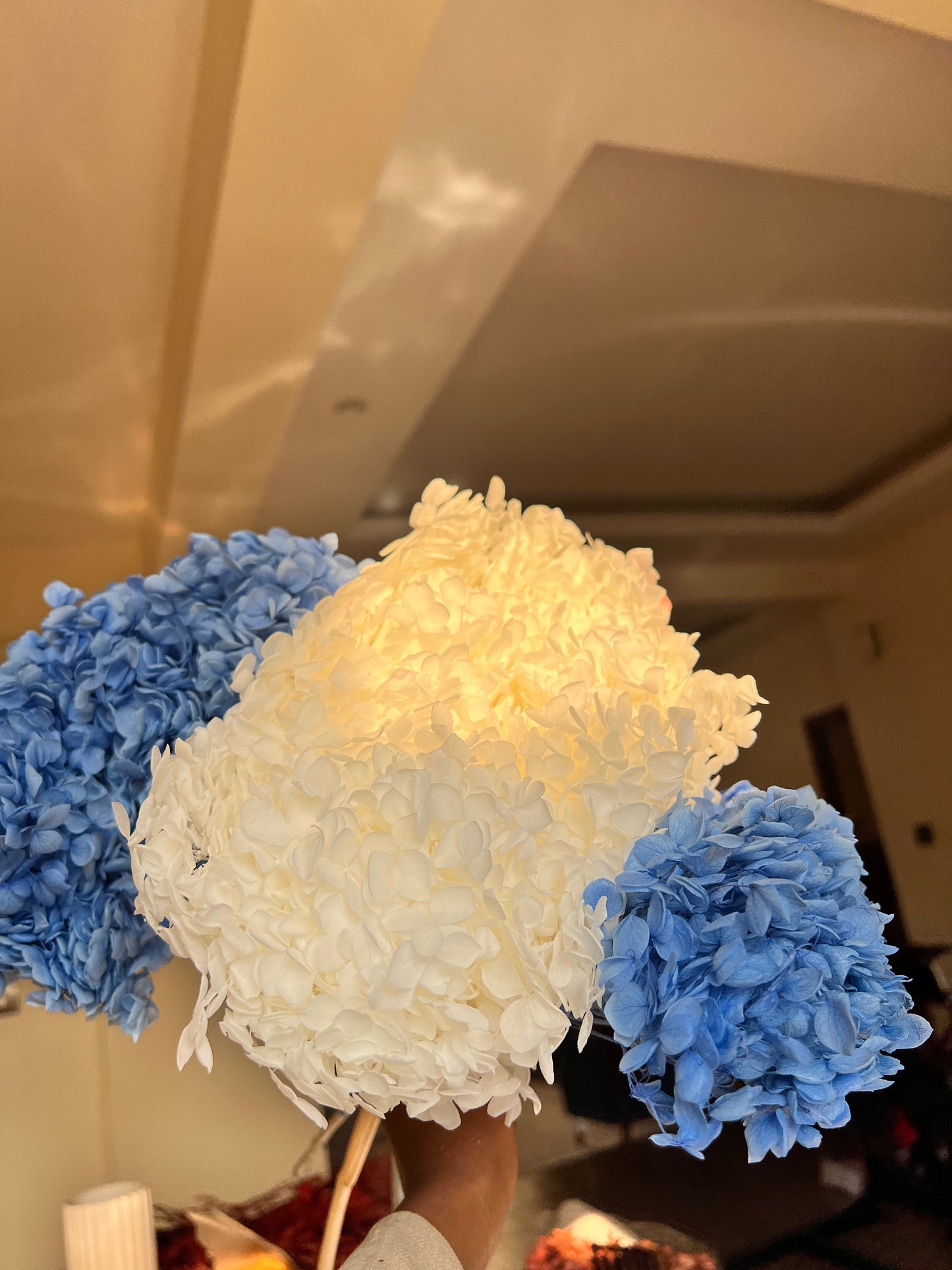 A decorative floral arrangement with a large central white and blue, fluffy hydrangea blooms from kenyan lady fleur dried flowers kenya , held up indoors against a blurred room background.