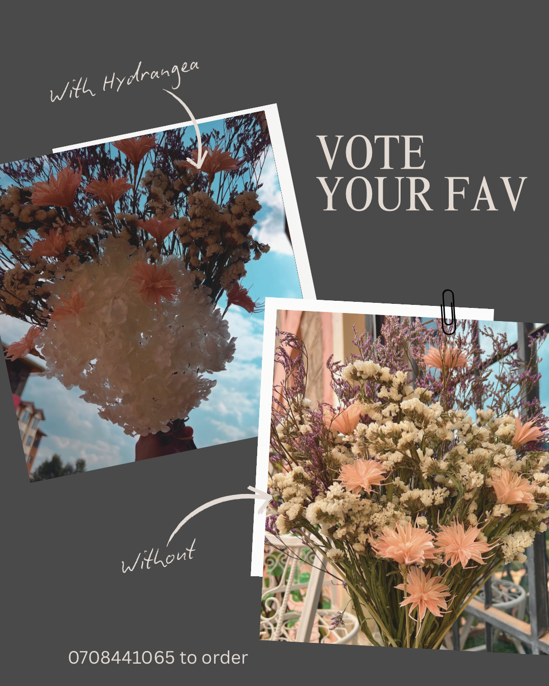 Comparison of flowers with and without hydrangea, text 'Vote Your Fav' and product code.
