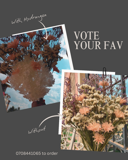 Comparison of flowers with and without hydrangea, text 'Vote Your Fav' and product code.