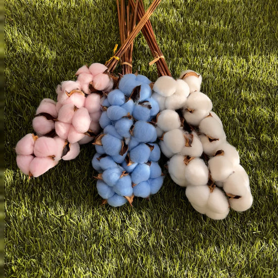 Pink, blue, and white Cotton flower stems from kenyan lady fleur flower shop for minimalist home decor.